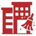 A red silhouette of a building and a woman.