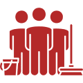 A red icon of three people and cleaning equipment.