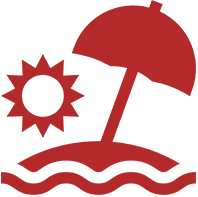 A red umbrella and sun on top of the ocean.